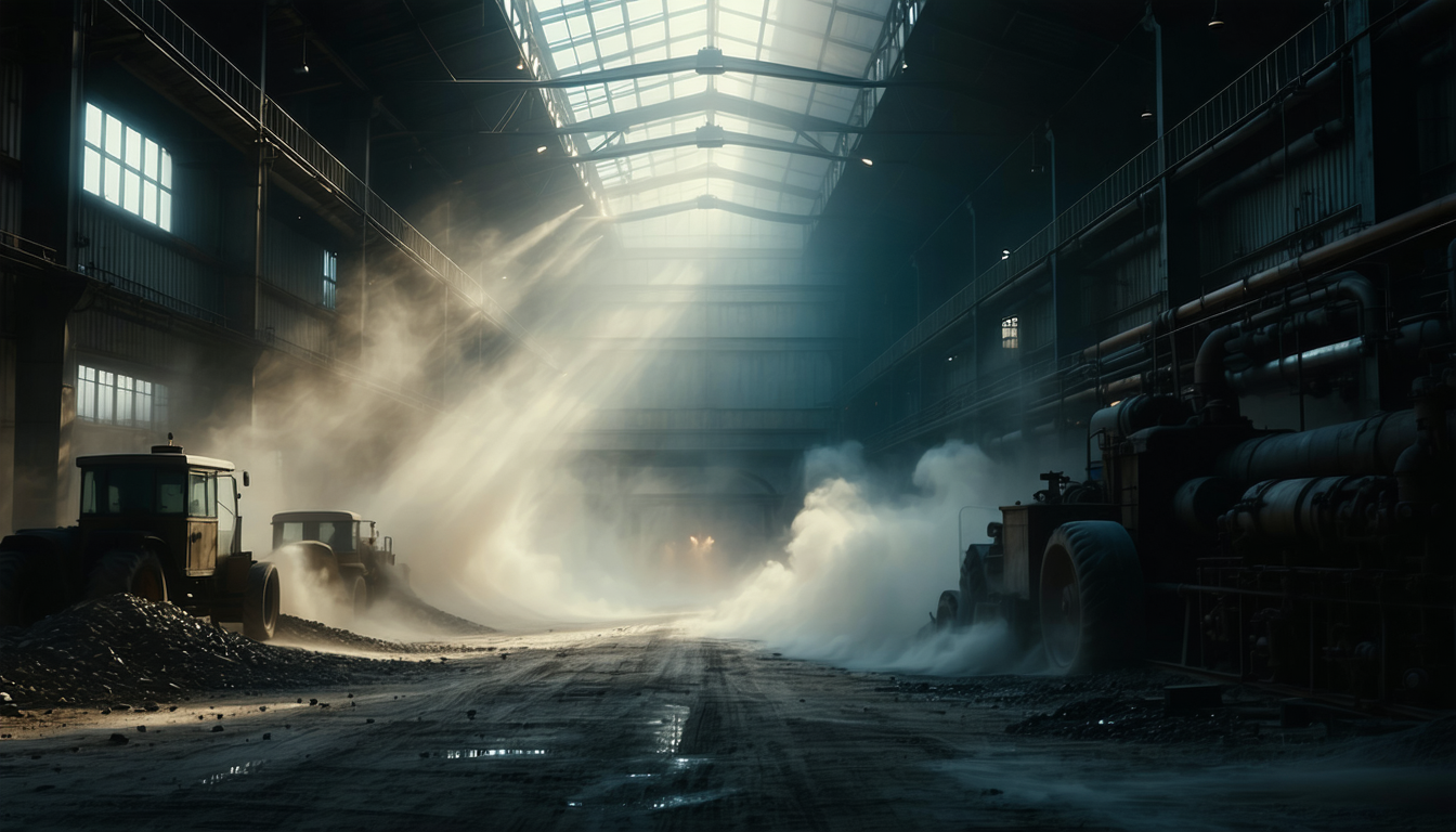 Factory interior with swirling dust and dramatic lighting, creating a tense atmosphere.