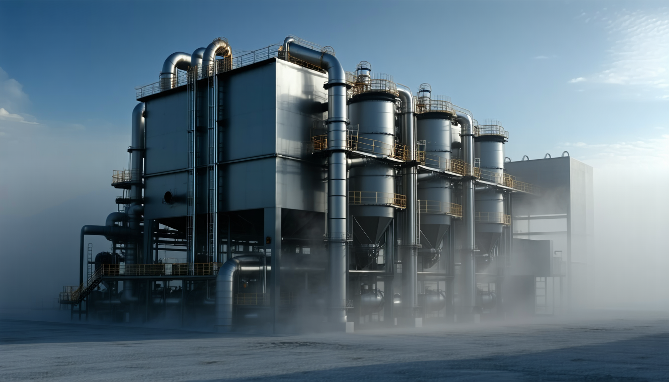 Exposed filter elements of a dust collector under dramatic lighting.