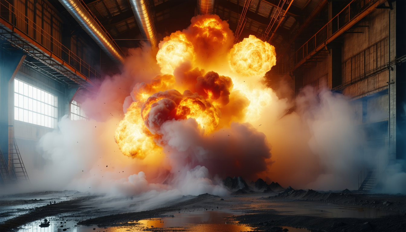 Explosion isolation valve in dramatic industrial setting with ductwork.