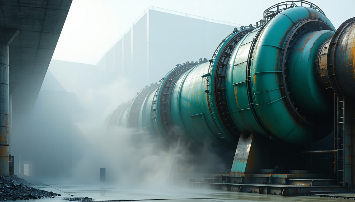 Industrial dust collector in fog with dramatic lighting, showcasing robustness.