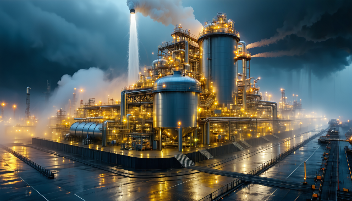 Industrial facility with explosion protection systems, dramatic lighting, and fog.