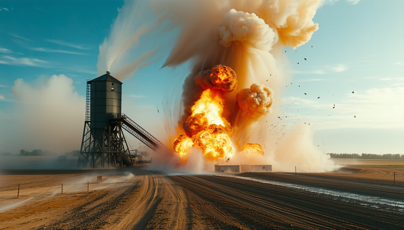 Grain elevator explosion with dust ignition, dramatic lighting, fog effects.