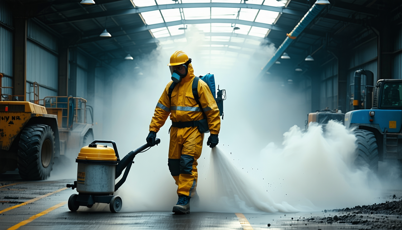 Worker using a HEPA vacuum in a factory, dust removal focus.