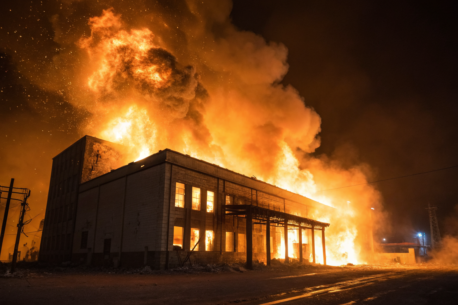 Sugar packaging building engulfed in fiery explosion at night.