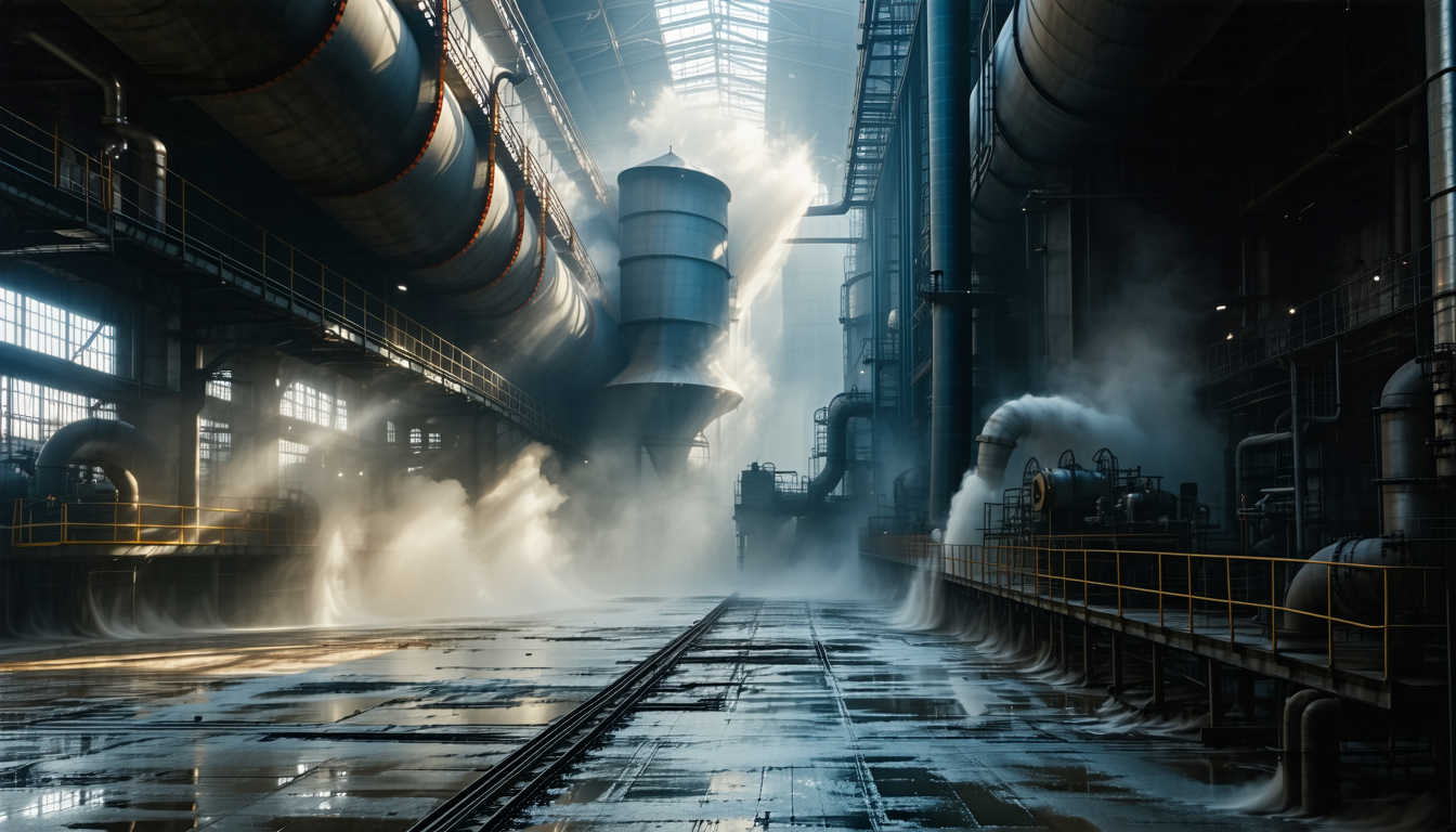 Industrial dust collector in factory with dramatic lighting and volumetric fog.