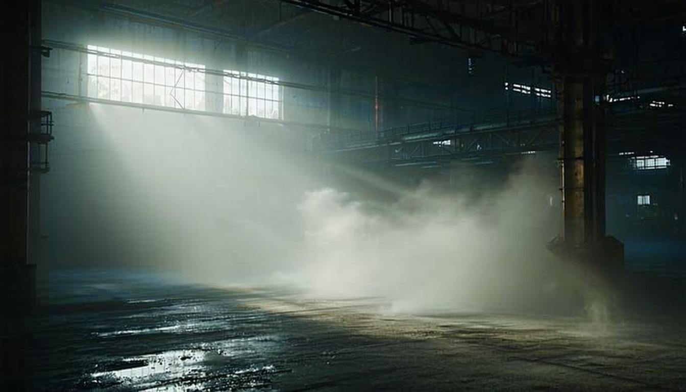 Suspended dust particles in dim industrial light, creating a dramatic effect.