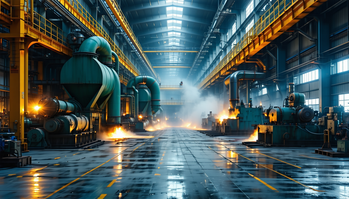 Metalworking facility with dust collectors and explosion protection, dramatic lighting.