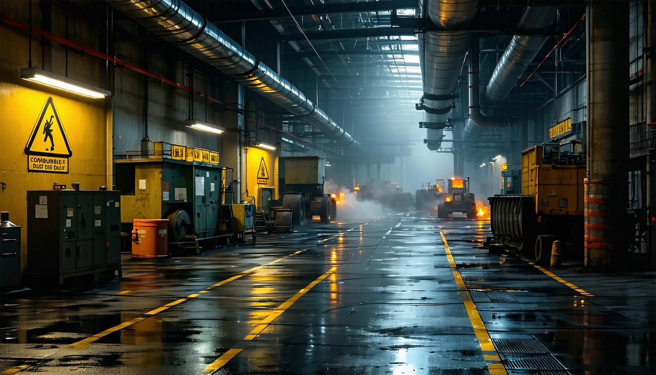Industrial facility with safety signs, dramatic lighting, and volumetric fog.