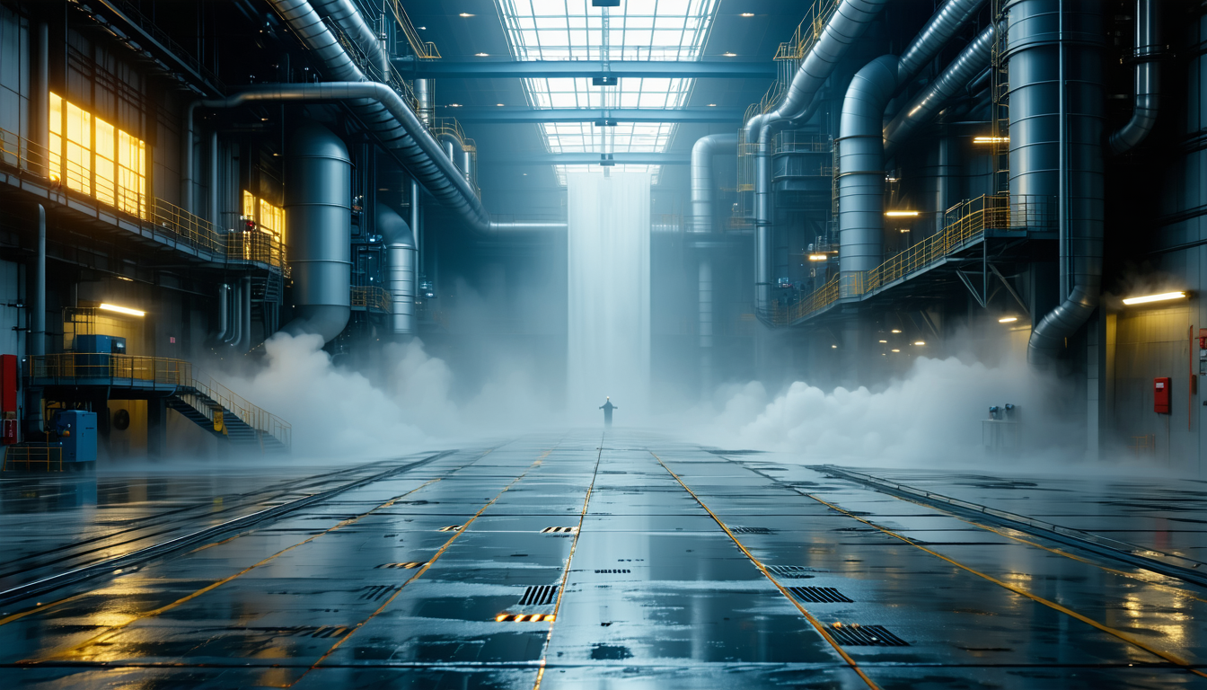 Industrial facility with explosion vent panel releasing pressure, dramatic lighting.