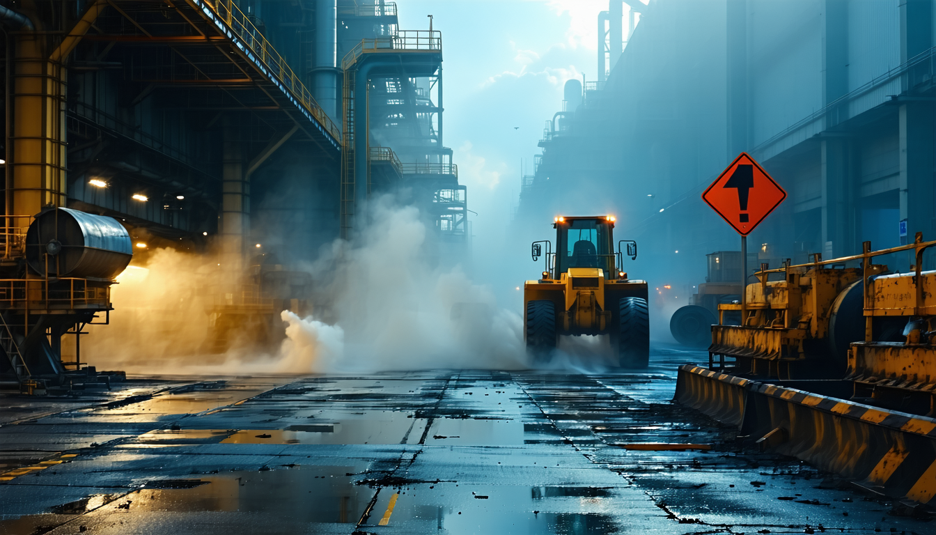 Industrial facility with dramatic lighting, dust particles visible, highlighting NFPA 660 theme.