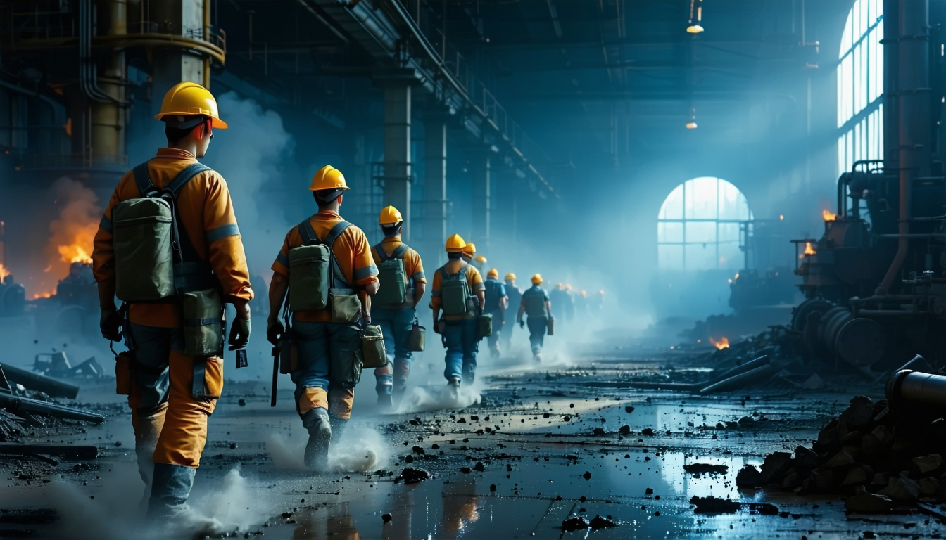 Workers in a factory with protective gear managing dust risks in an industrial setting.