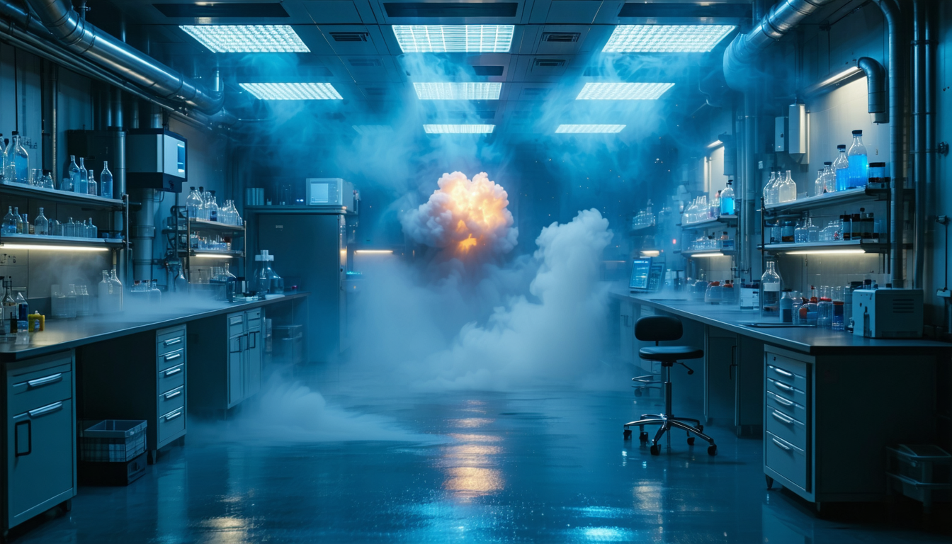 Pharmaceutical lab with dramatic lighting and fog, showing dust particles.