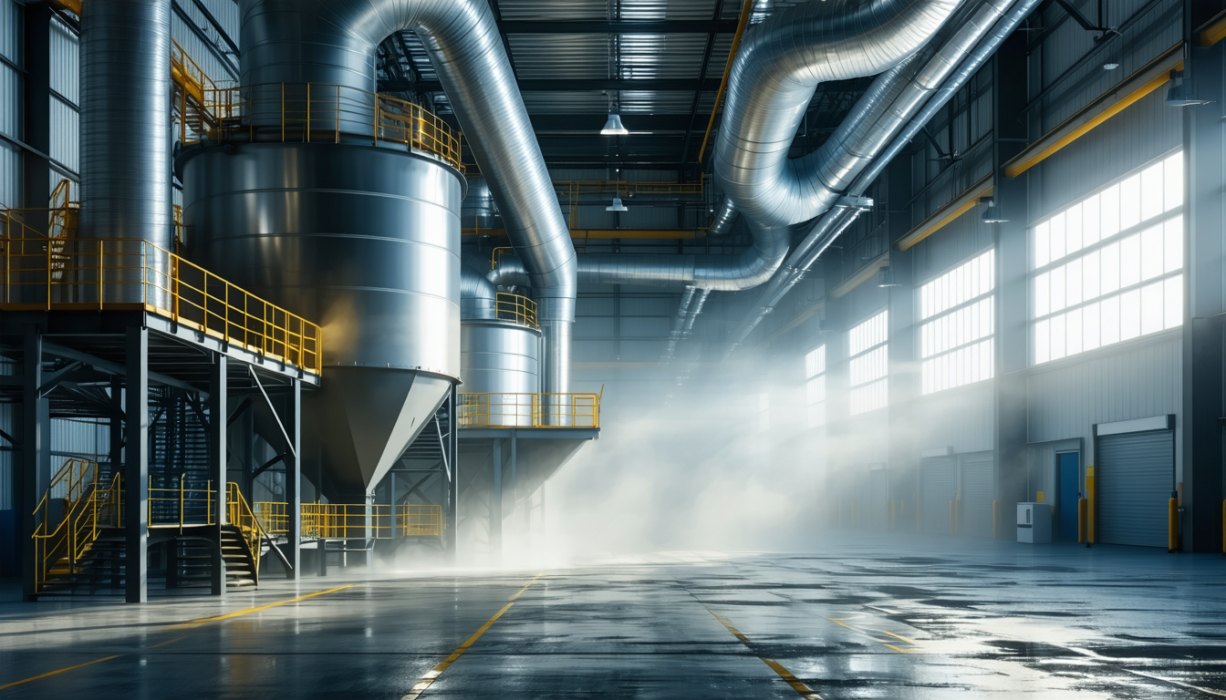 Industrial dust collector with HEPA filters and air ducts, in dramatic lighting.