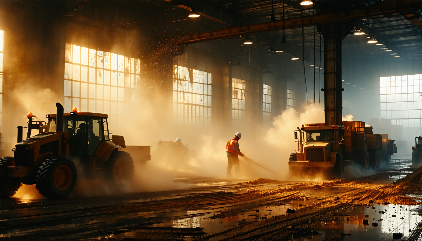 Woodworking facility with airborne sawdust and dramatic lighting.