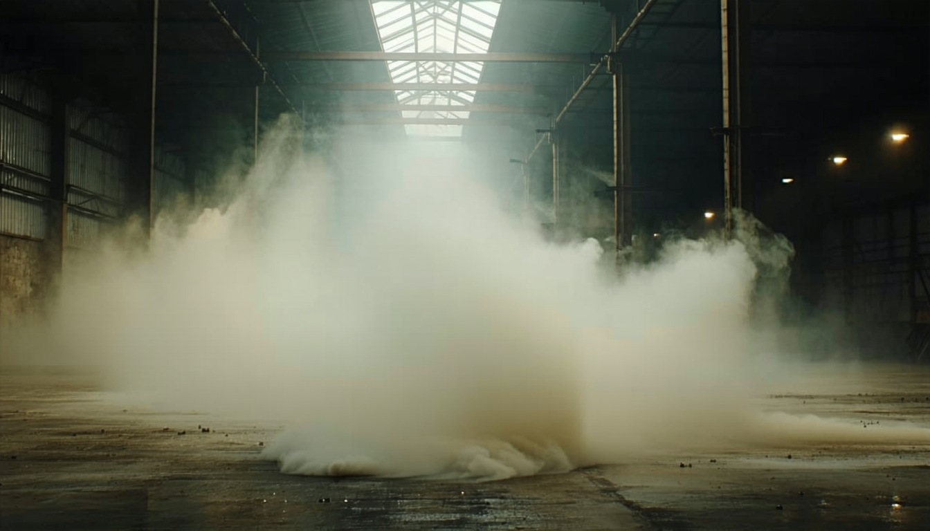 Airborne dust particles in a warehouse with dramatic lighting, emphasizing explosion risk.