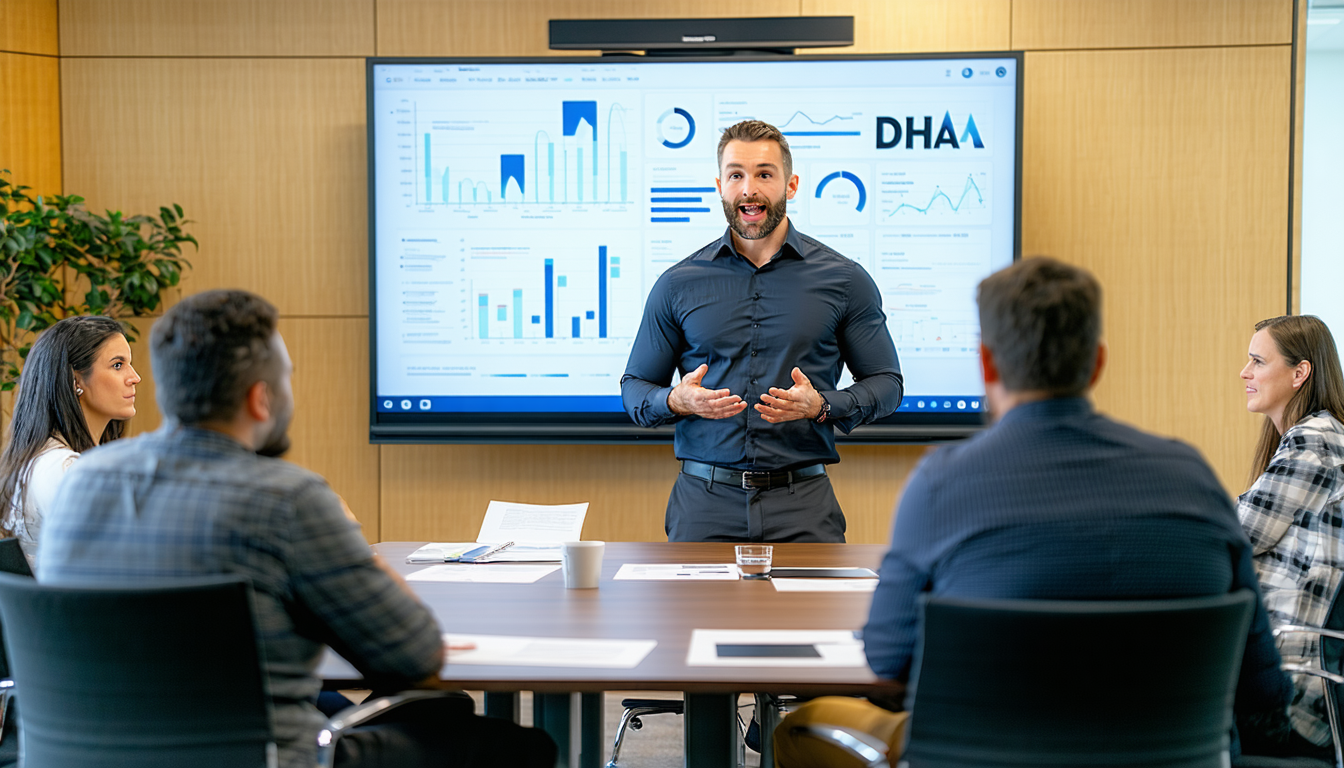 Consultant presenting DHA proposal in a conference room.