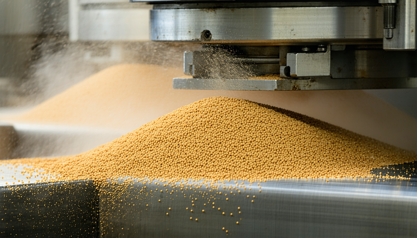 Food processing dust particles, close-up detail, equipment focus.