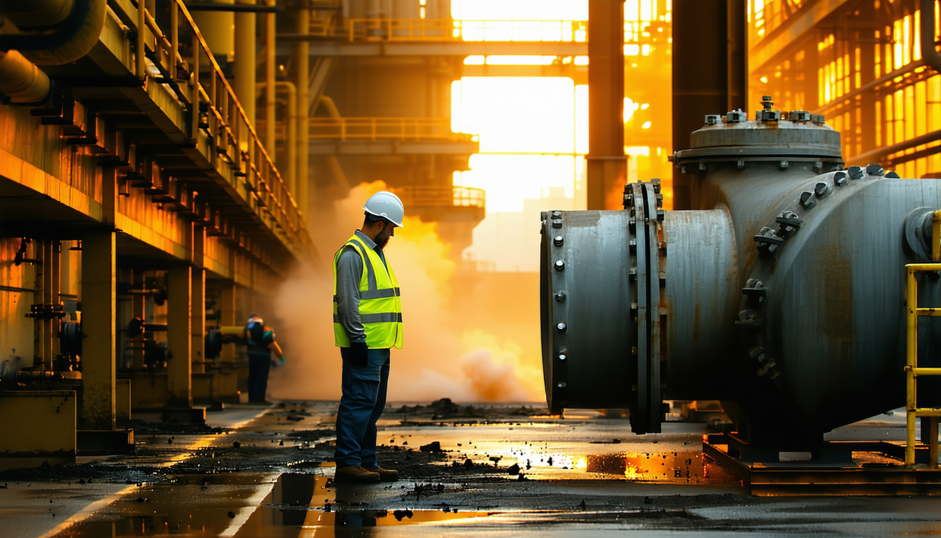Engineer inspects dust explosion vent system in industrial plant.