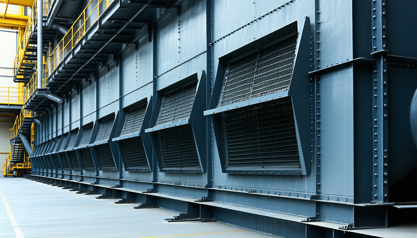 Explosion vent panels on a dust collector in a factory.