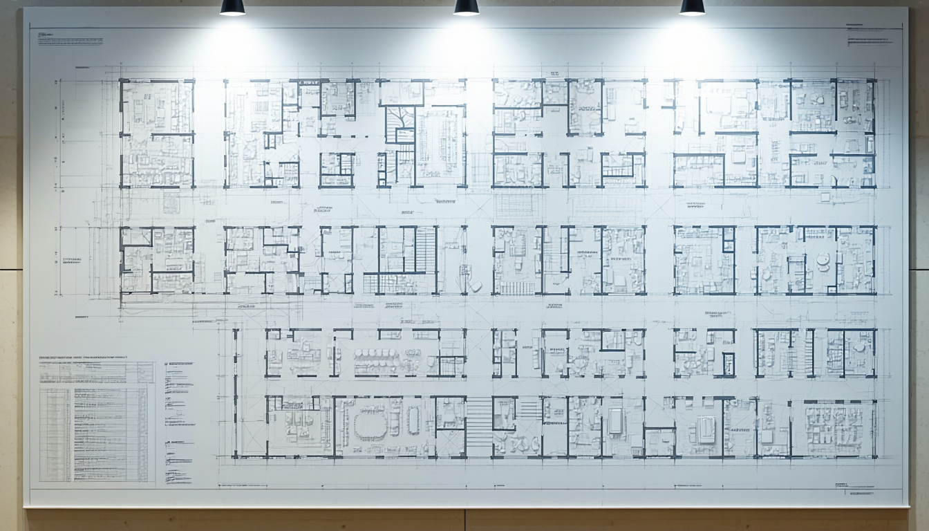 Facility layout drawing pinned on a board.