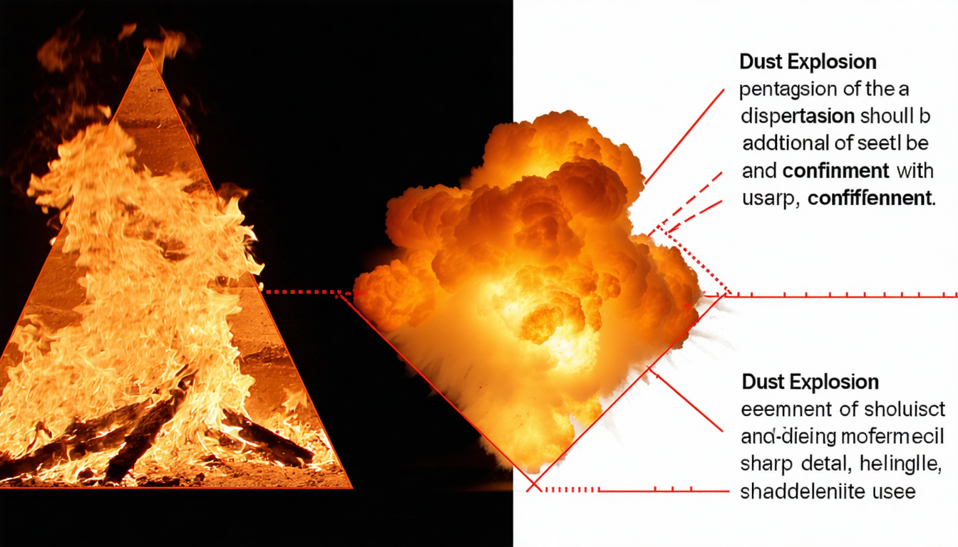 Comparison of fire triangle and dust explosion pentagon.