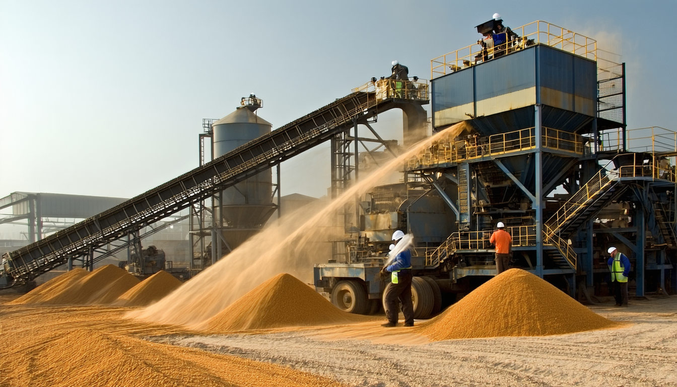 Grain processing plant with machinery and grain dust.