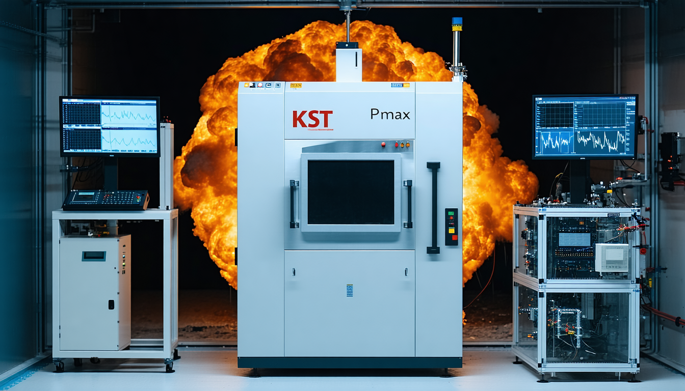 Detailed view of explosibility testing equipment in use.