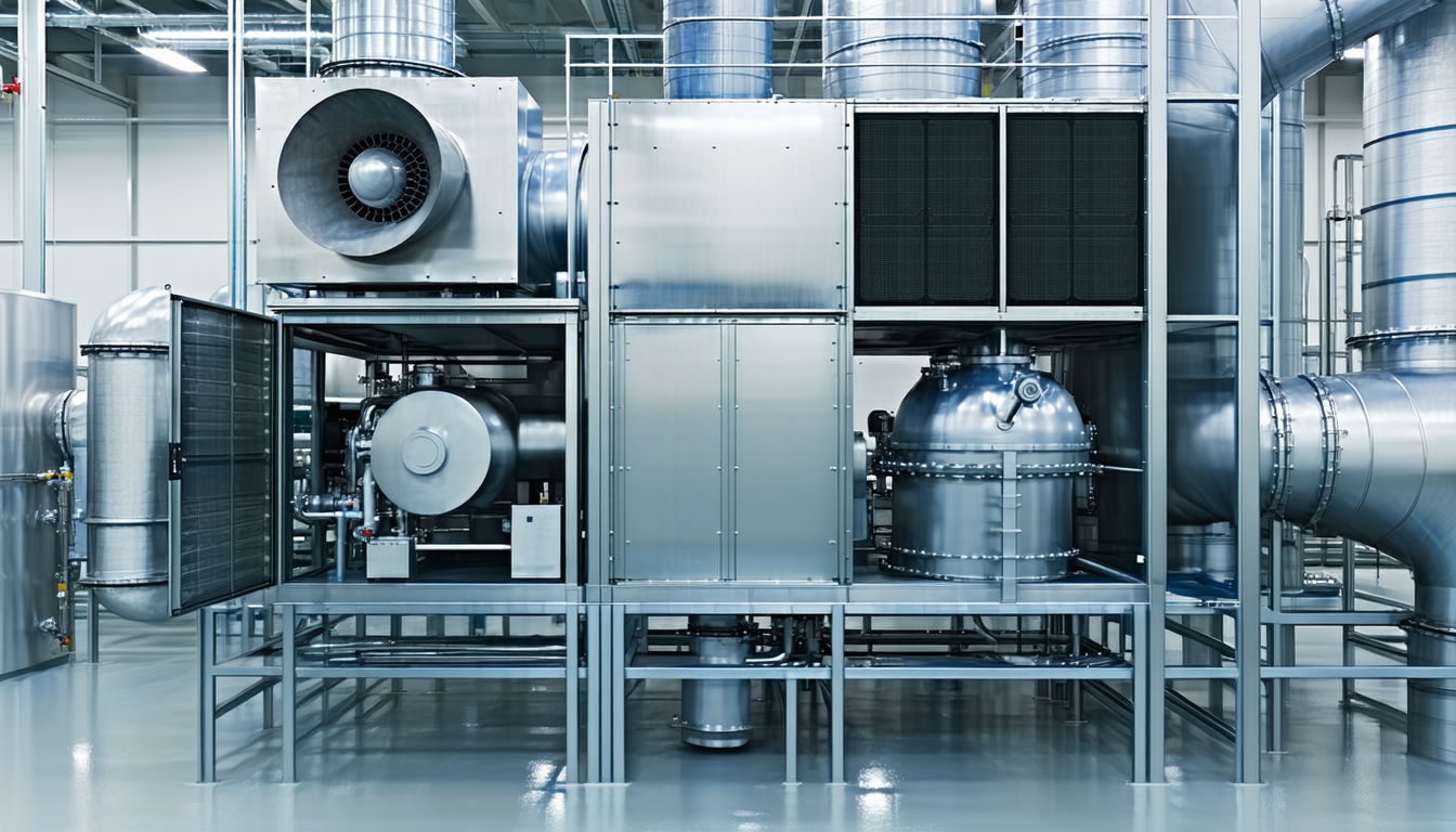 Pharmaceutical facility air handling system with HEPA filters and vents.