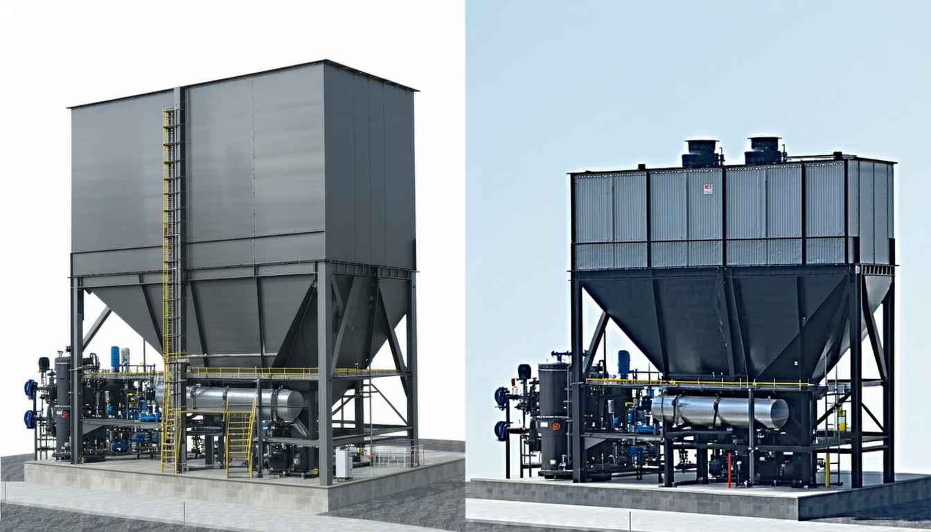 Baghouse and cartridge collectors in an industrial setting.