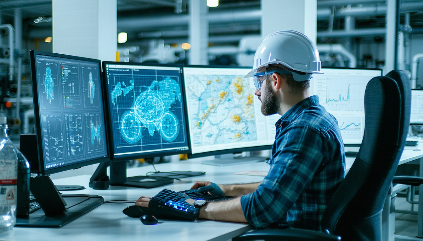 Engineers analyzing reports at a workstation with technical drawings.