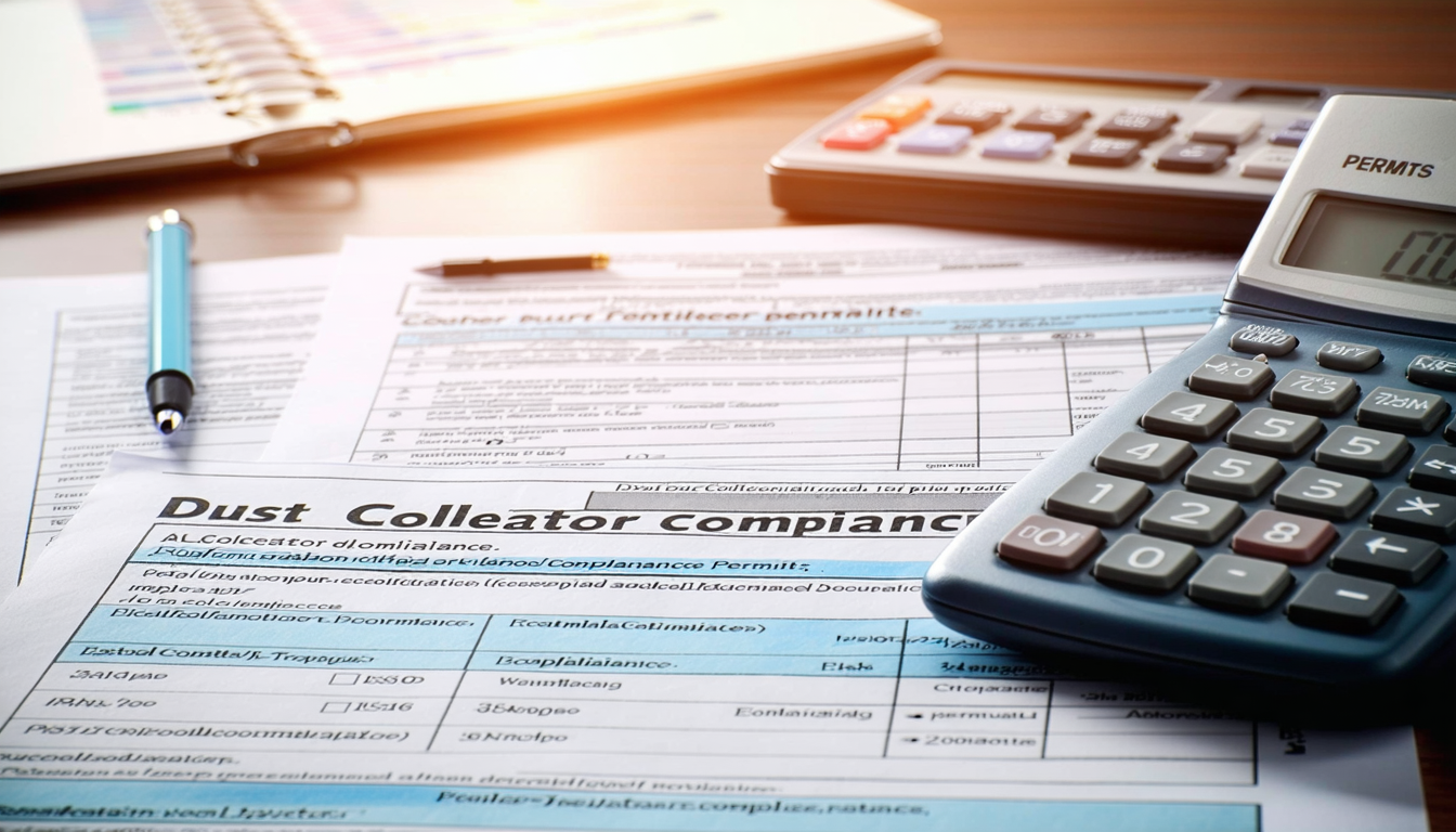 Permits and testing documents for dust collector compliance on a desk.
