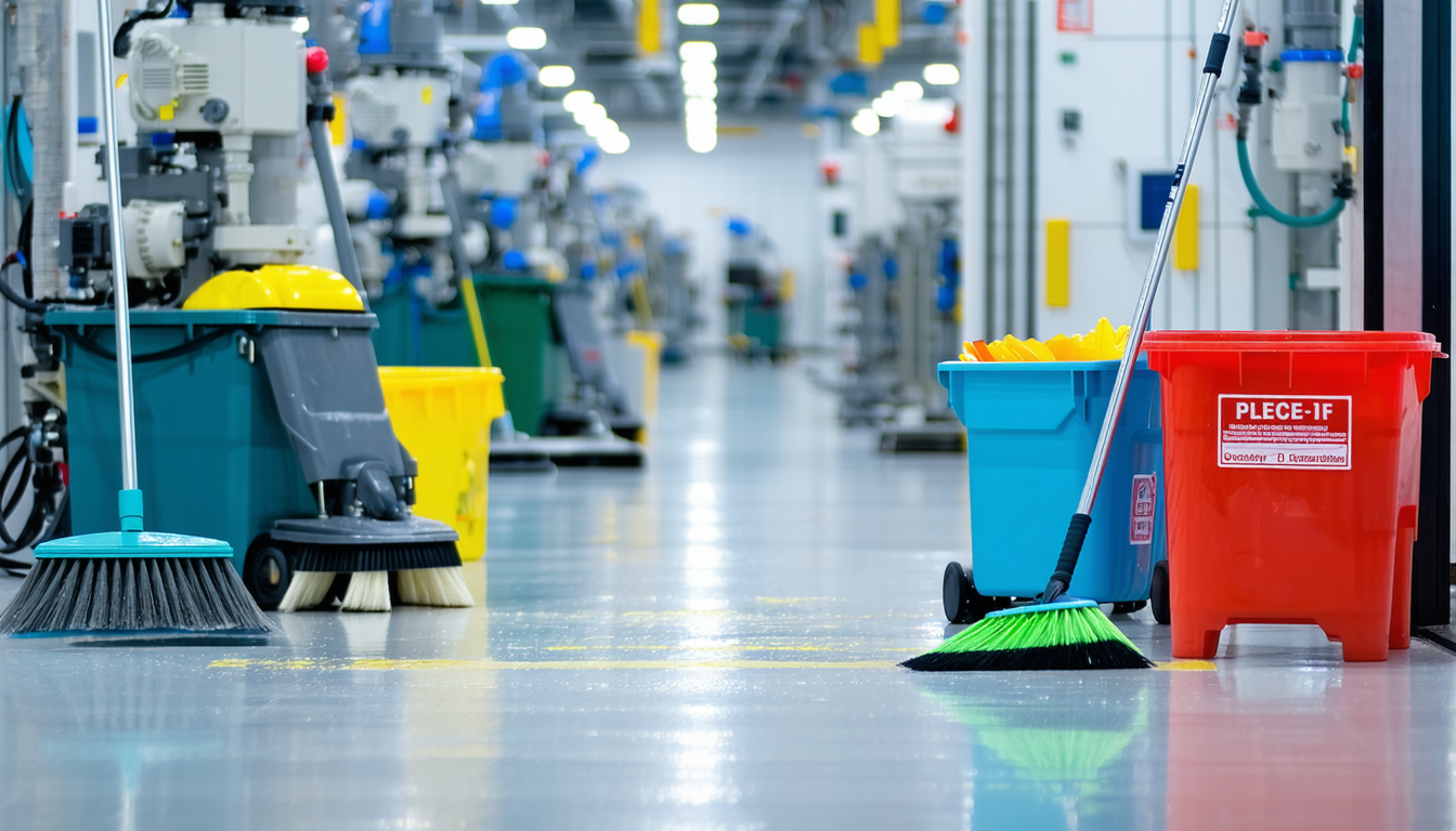 Industrial facility floor with dust and cleaning equipment visible.