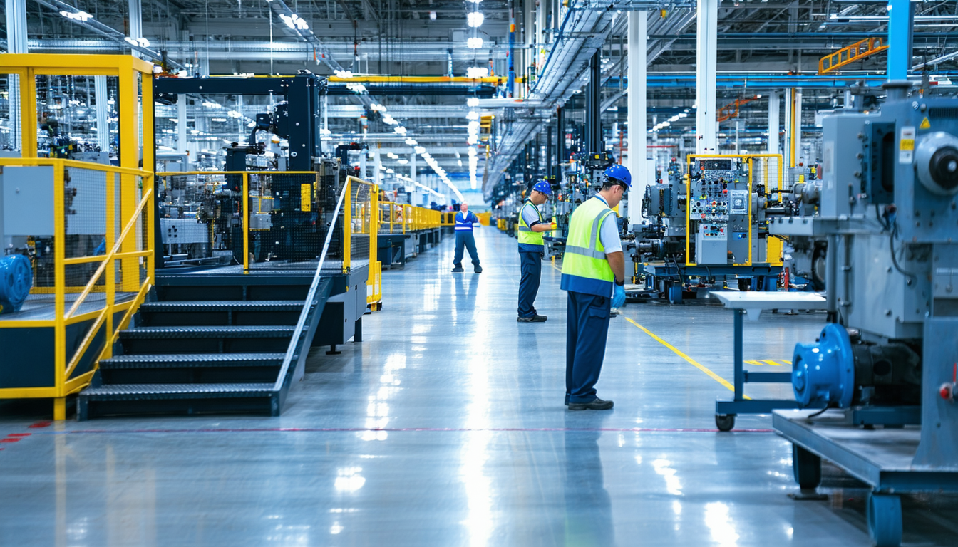 Workers adjust factory equipment under bright lighting.