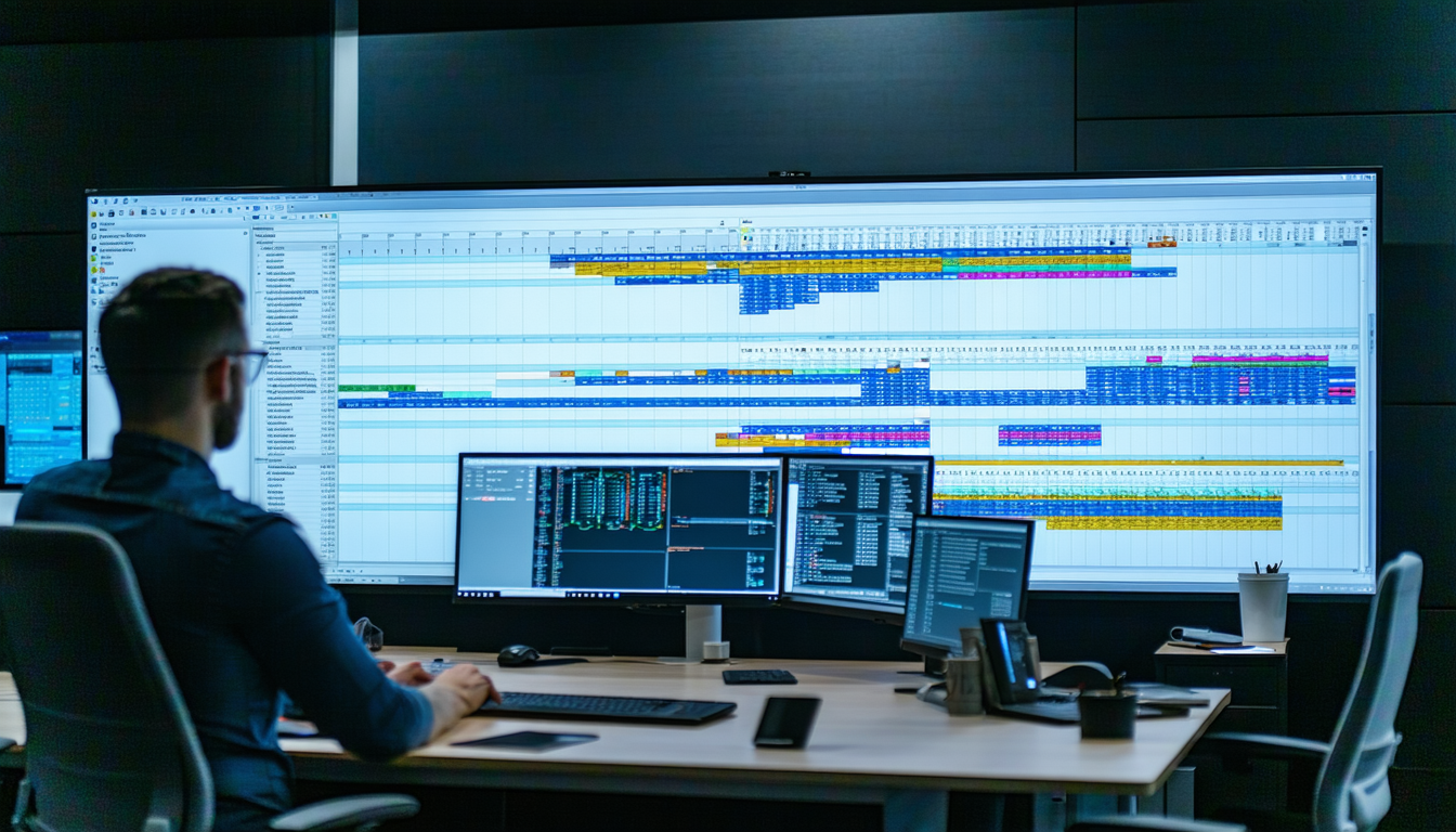 Manager coordinates timelines with contractors onscreen.