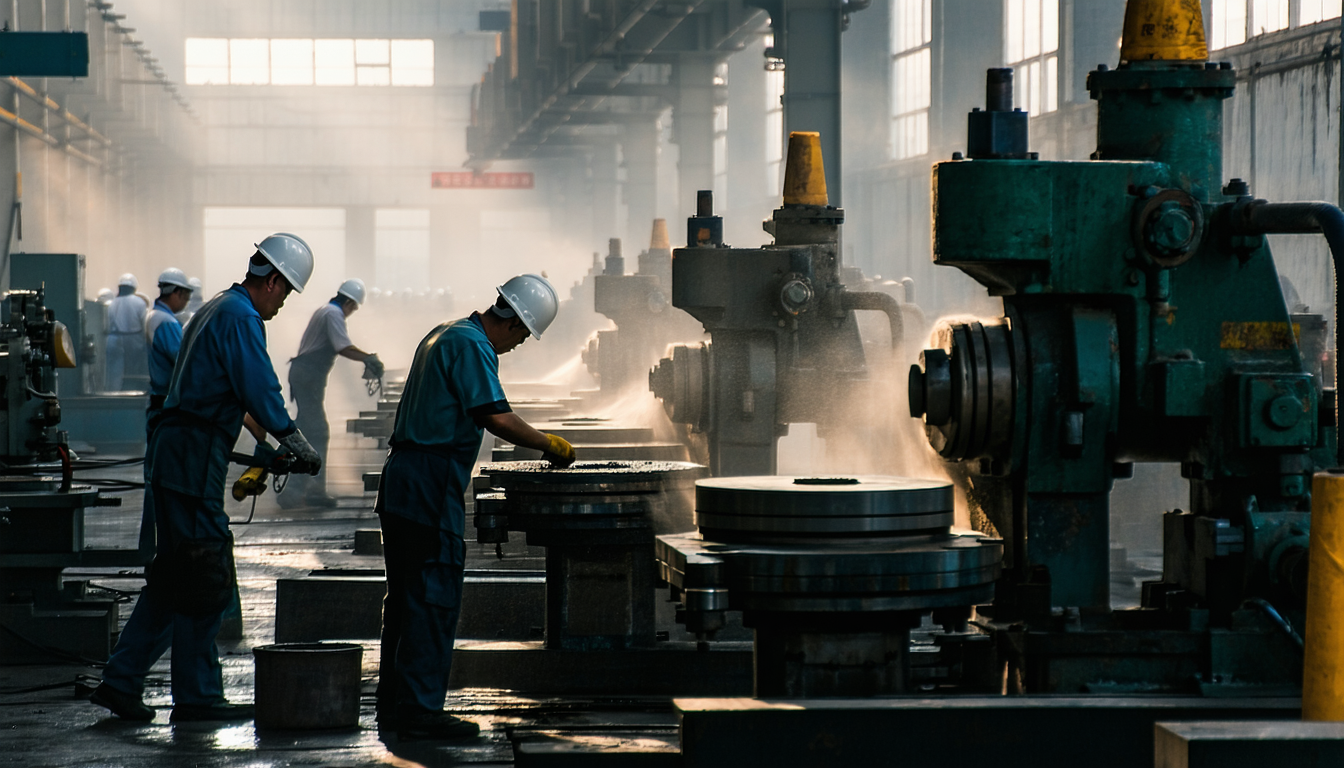 Factory with workers, machines, and airborne dust.