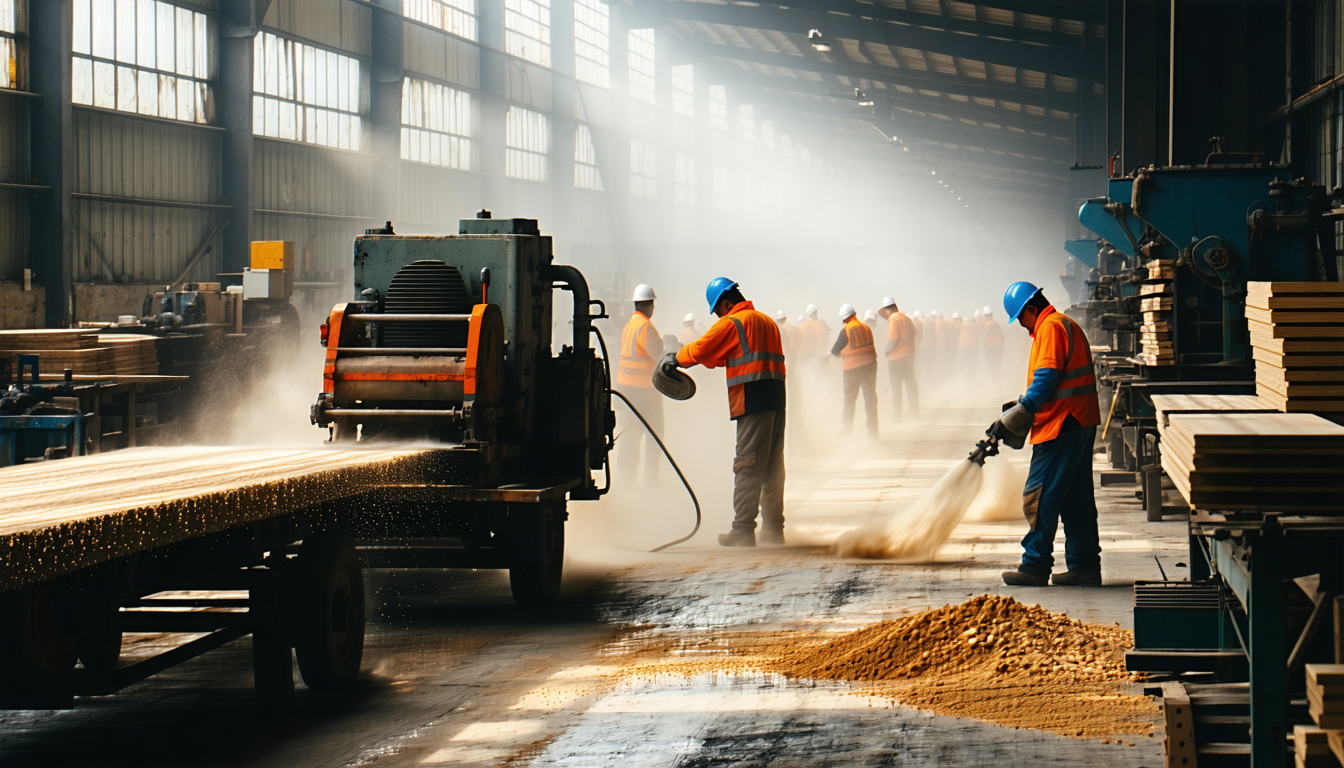 Woodworking factory with dust particles and active workers.