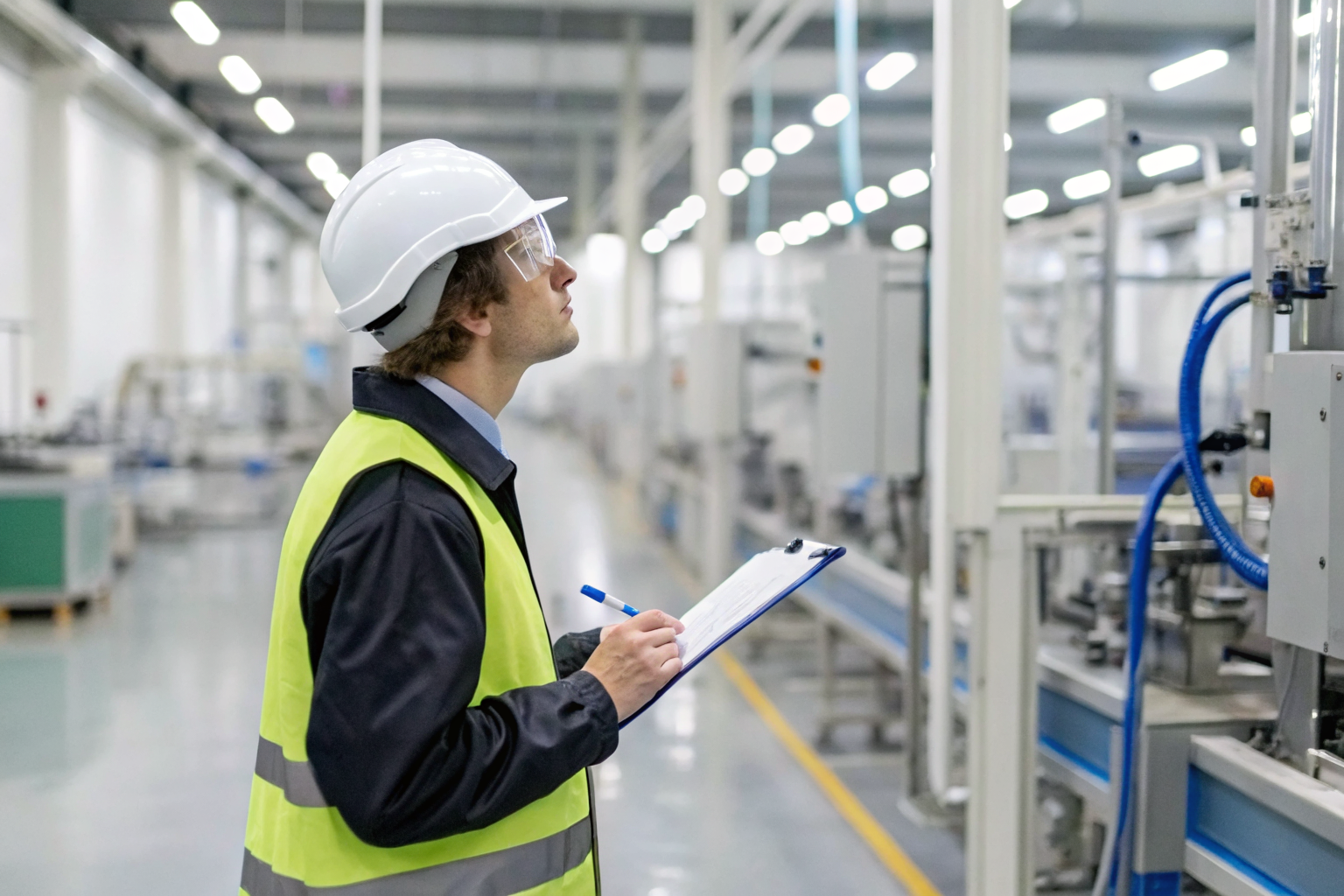 Inspection officer examining factory equipment with dust measurement tools.
