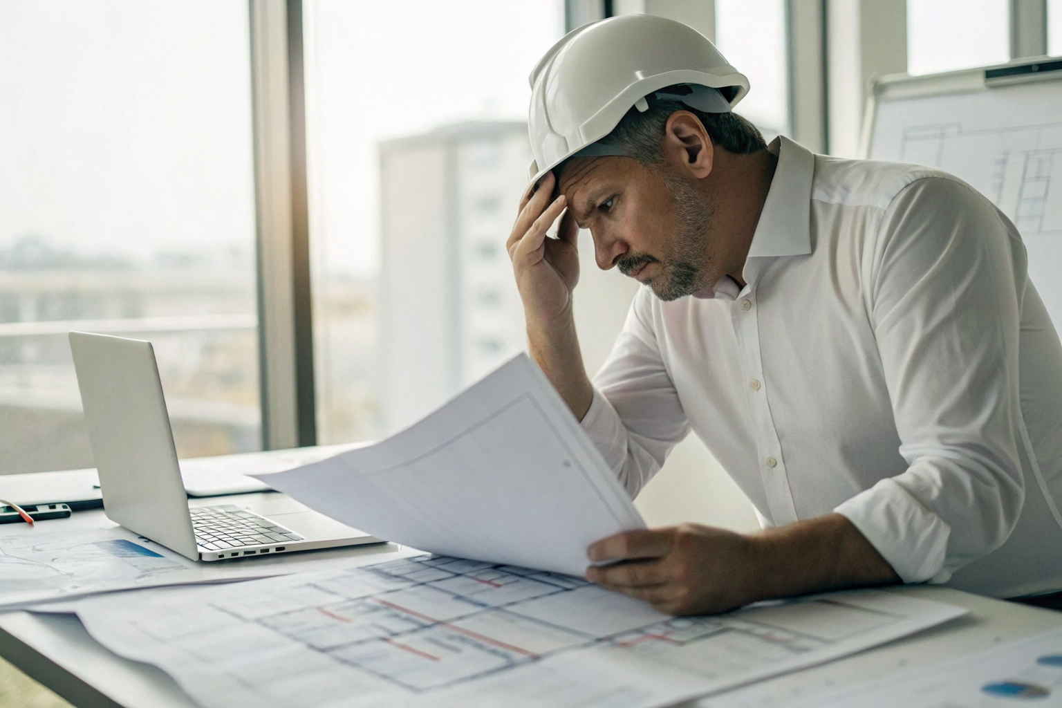Manager in office reviewing inspection notices with charts and papers.