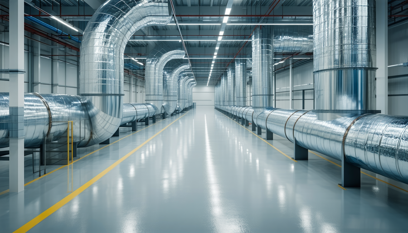 Industrial ductwork installation in a factory setting.