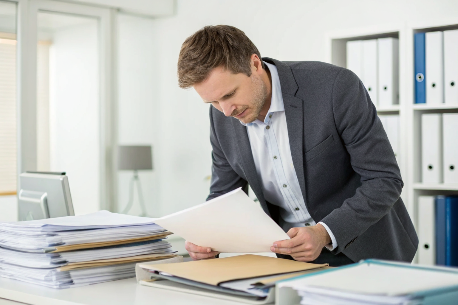 Auditor examining combustible dust documents in an office.
