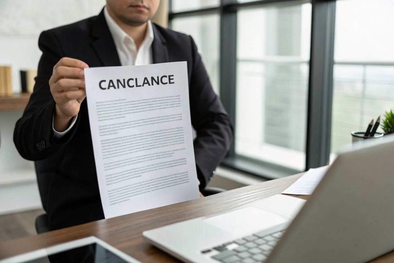 Insurance rep holding a cancellation notice for non-compliance.