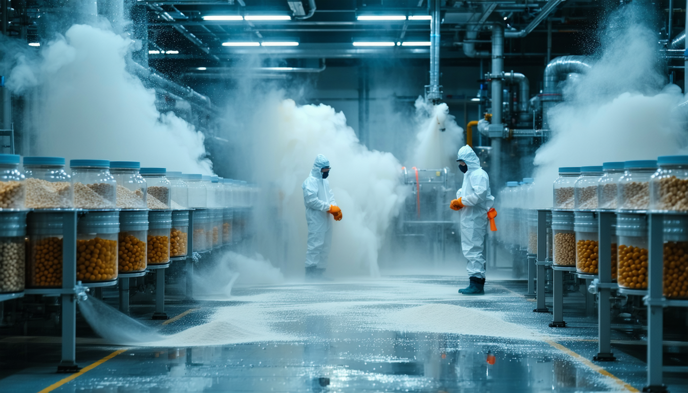 Pharmaceutical plant with suspended powders and workers in safety gear.