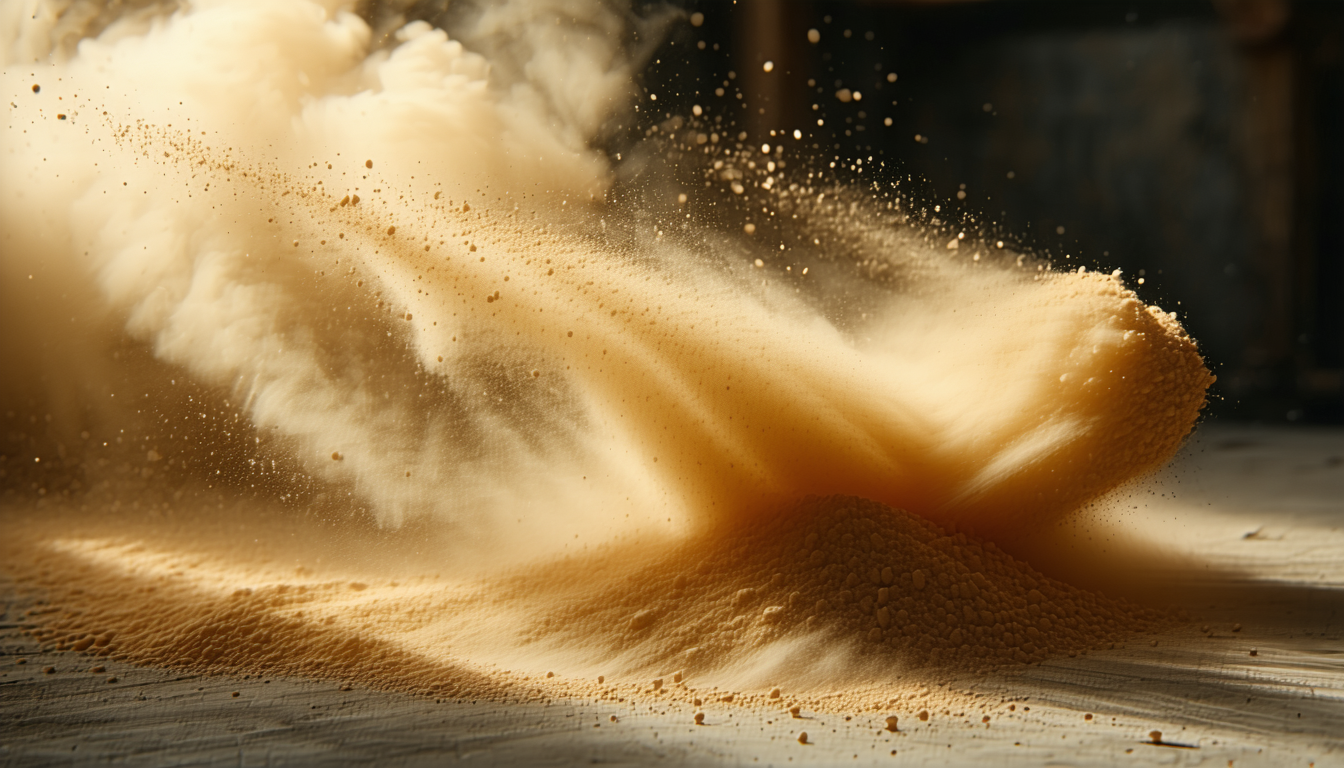 Close-up of fine wood dust particles in workshop, bright lighting.