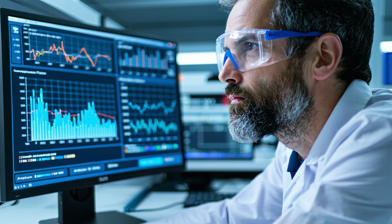 Scientist analyzing Kst explosion data on a computer in a lab.