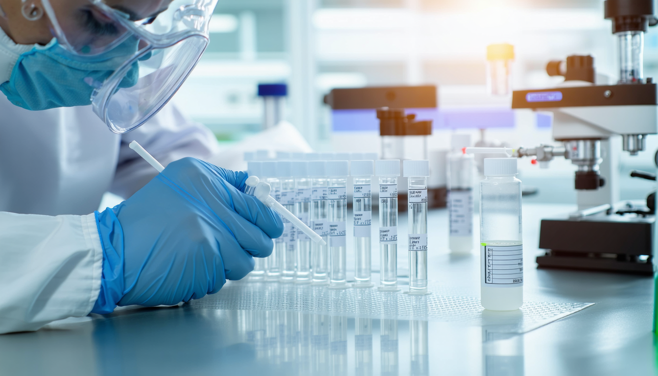 Lab setup with testing equipment and labeled samples, technician preparing tests.