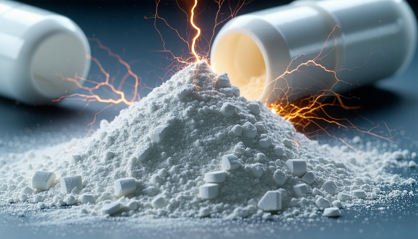 Close-up of pharmaceutical powders with static sparks illustrating ignition risk.