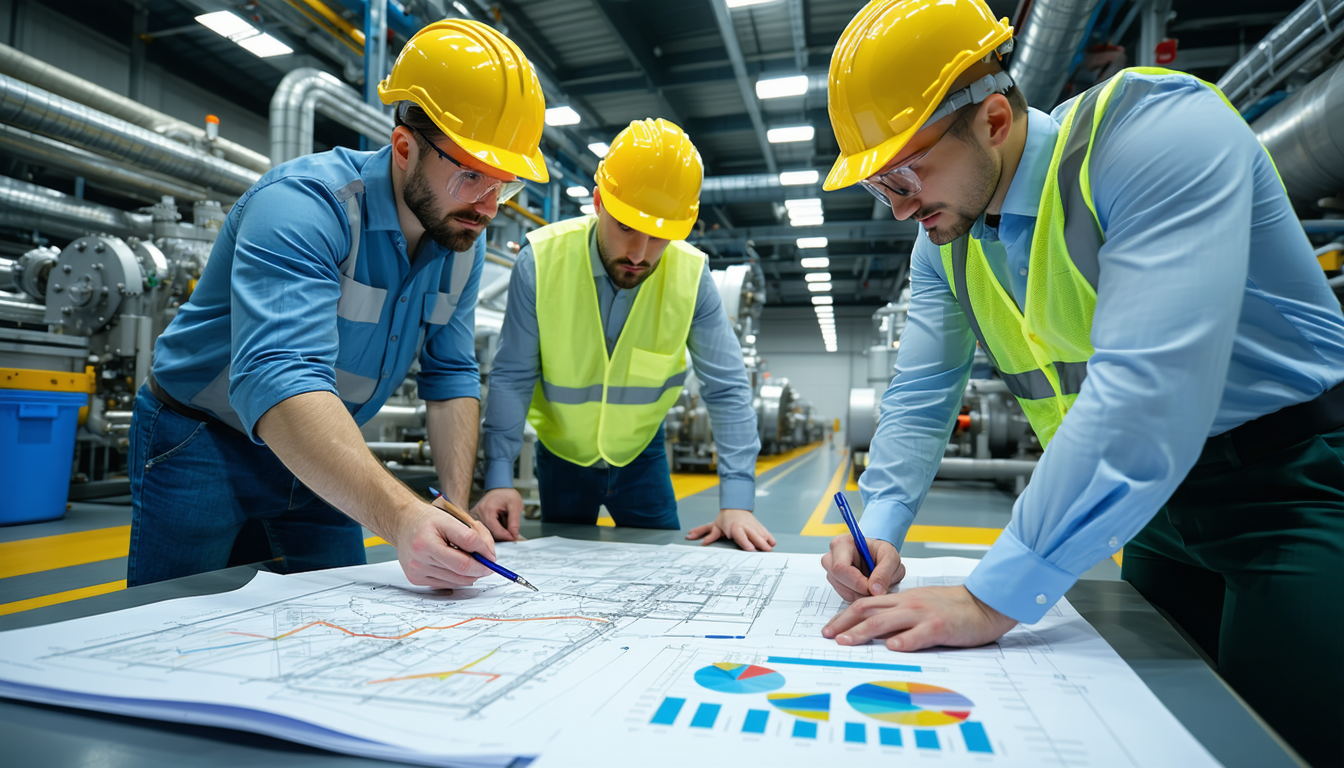 Engineers discussing equipment modifications with blueprints visible.