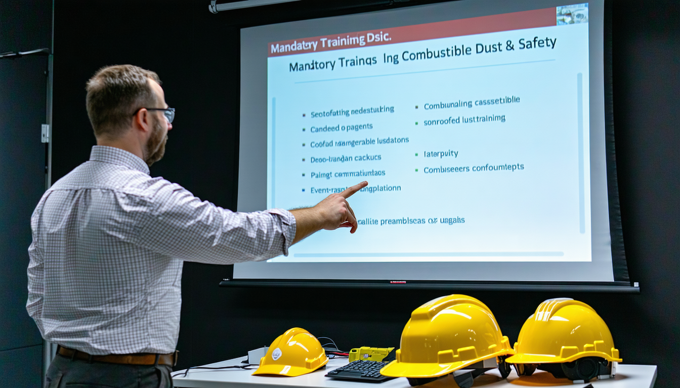Instructor presenting mandatory safety topics for combustible dust training.
