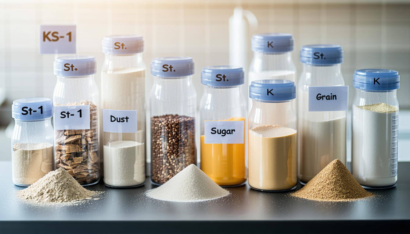 Labeled containers with wood flour, paper, grain, sugar for St-1 class.