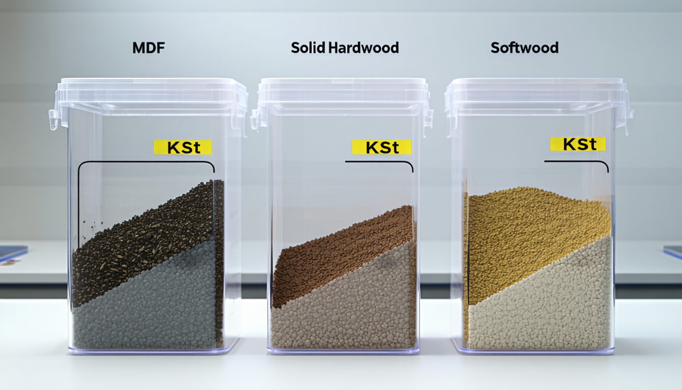 Containers with MDF, hardwood, and softwood dust, labeled with Kst ranges.